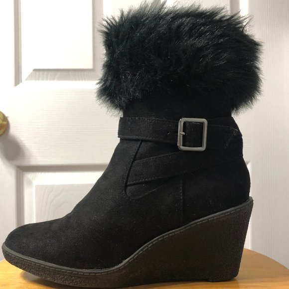 Lexi & Abbie black wedge heel ankle boots with faux fur, ladies' size 7 - Picture 5 of 9